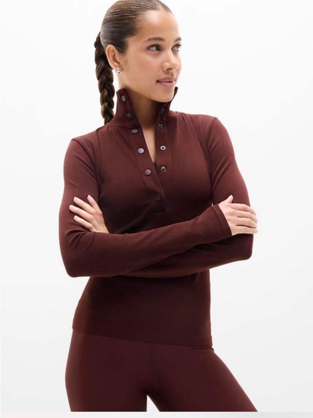 Athleta Ribbed Snap-Front Mock Neck Top in Brownish/ rust .